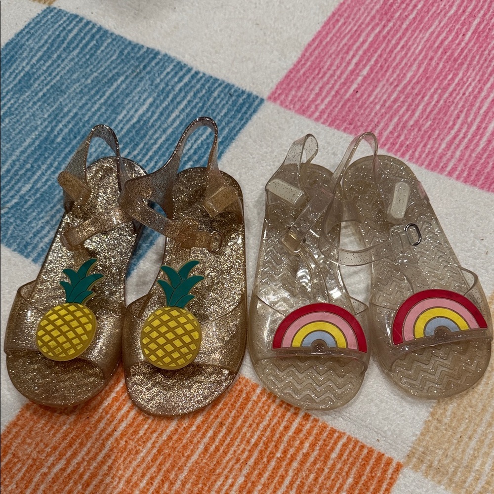 Old Navy Gold Kids Sandals with Pineapple and Rainbow